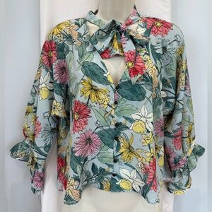 Zara Multicolor Floral Blouse with Tie Neck